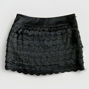 Vintage Y2K Bebe Black 100% Silk Mini‎ Scallop Rhinestone Skirt Size 0
